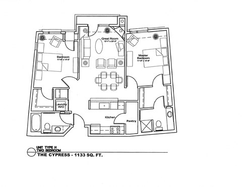 A floor plan of a two bedroom apartment with a living room, kitchen, and bathroom.